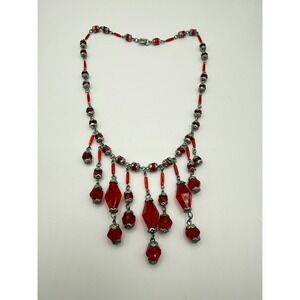 Vintage Red Glass Fringe Bib Necklace Silver Tone Beaded Art Deco